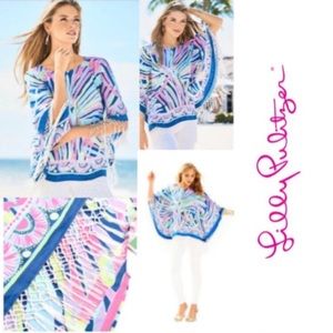 Lilly Pulitzer Moya Silk Caftan Fringe Indigo Sea Dreamin Engineered, Size S/M